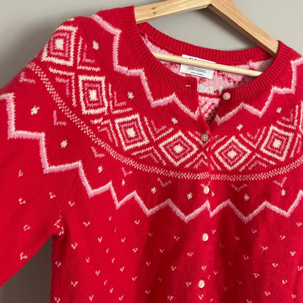 Old Navy Cardigan Sweater Womens L Red Fair Isle SoSoft Holiday Nordic Cozy